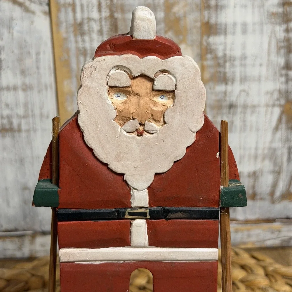 Midwest Of Cannon Falls Primitive Carved Wood Rocking Skiing Santa Figurine, 8in